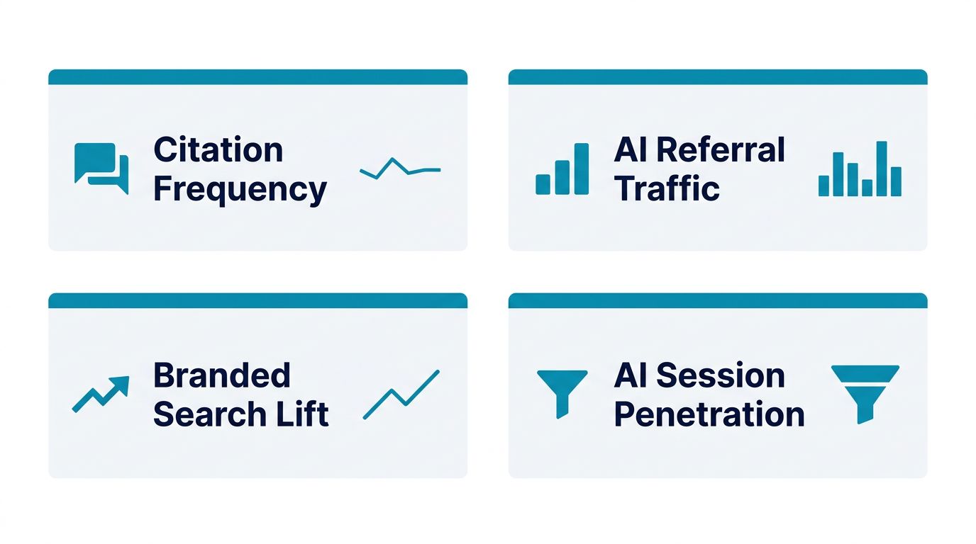 Dashboard showing four LLMSEO measurement metrics — citation frequency, AI referral traffic, branded search lift, and AI session penetration