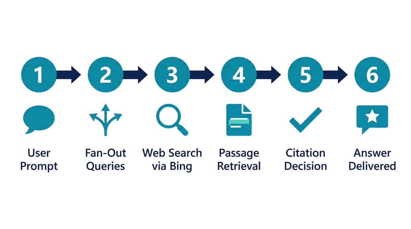 Step-by-step diagram showing how large language models use retrieval-augmented generation to find and cite B2B content