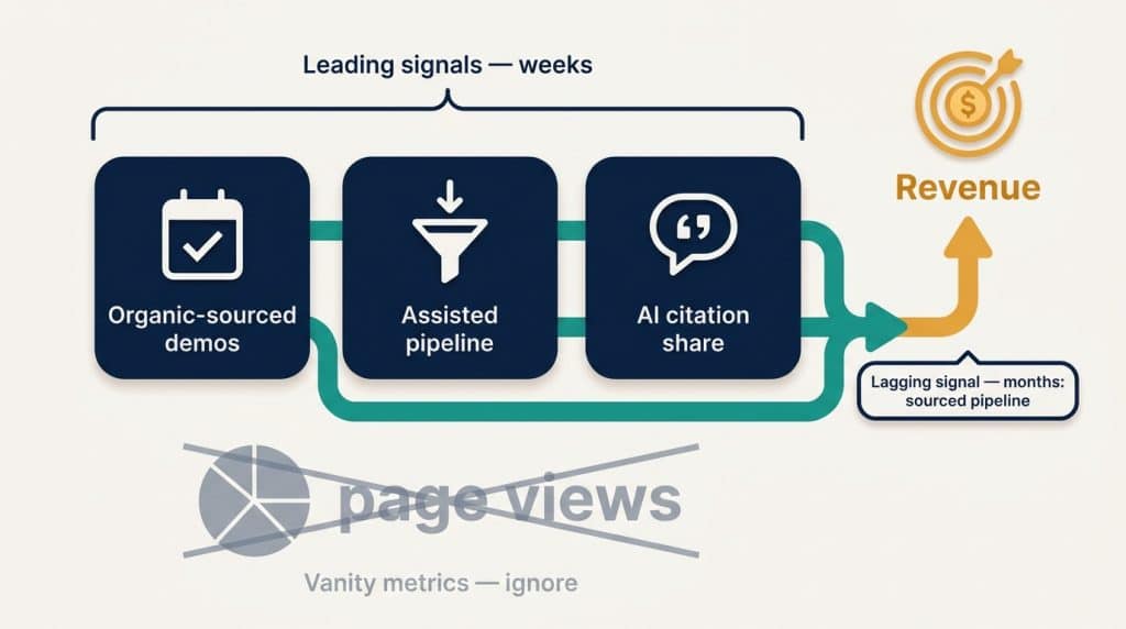 Diagram of the three signals funded startups use to measure content ROI — sourced demos, assisted pipeline, and AI citation share — flowing to revenue, with vanity metrics discarded.