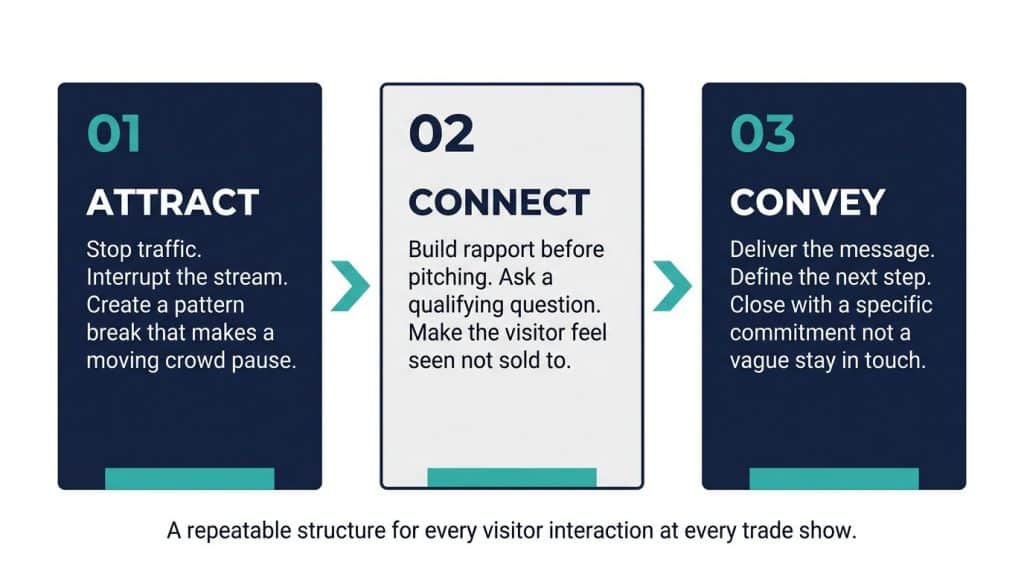 Three-stage Attract-Connect-Convey framework diagram for trade show booth staff visitor engagement at B2B tech events