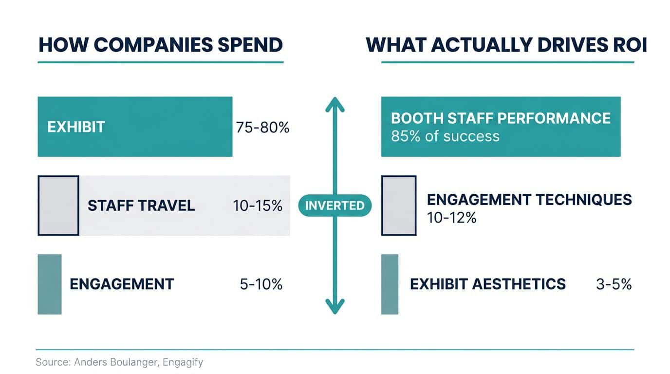 Chart comparing trade show budget allocation versus ROI impact for B2B tech companies, showing exhibit spend versus staff engagement returns