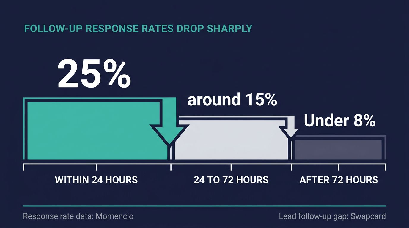 Graph showing trade show lead follow-up response rate dropping from 25% at 24 hours to under 8% at 72 hours after the event