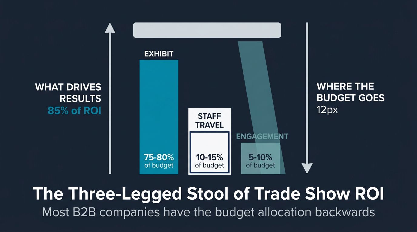 Diagram showing the three-legged stool of trade show ROI: exhibit (75-80%), staff (10-15%), and engagement (5-10%) budget allocation for B2B tech companies