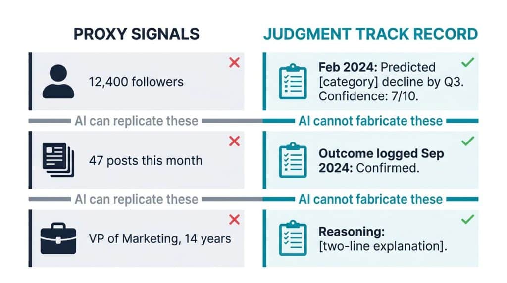 Two-column diagram comparing proxy credibility signals like follower counts and post volume against a verifiable judgment track record with timestamped predictions and logged outcomes