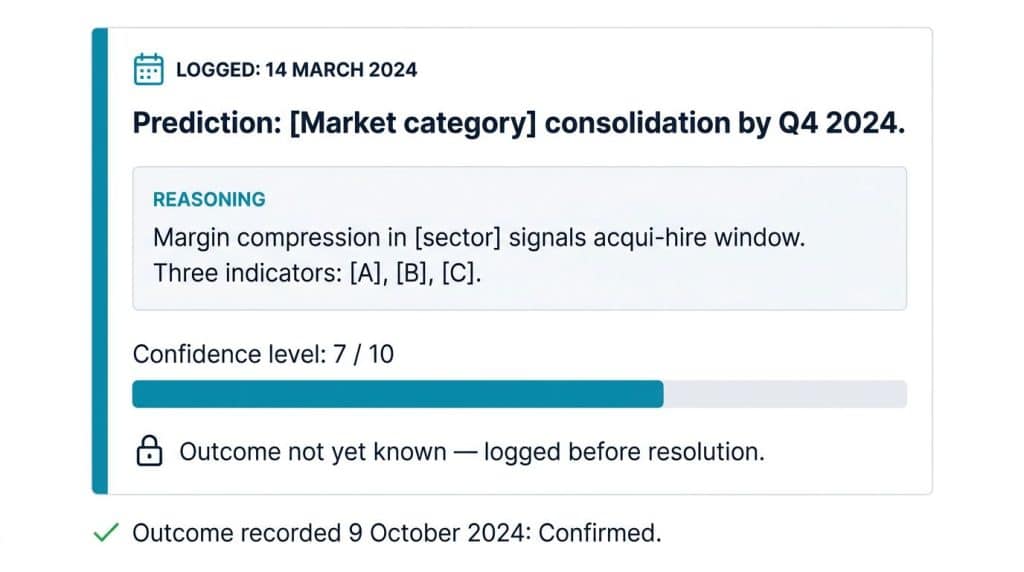 Structured prediction log card showing a market forecast logged before the outcome was known, with disclosed reasoning, confidence level, and a confirmed outcome entry dated months later
