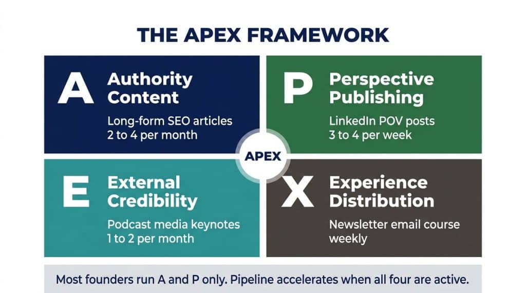 The APEX Framework diagram showing four pillars of B2B thought leadership: Authority Content, Perspective Publishing, External Credibility, and Experience Distribution