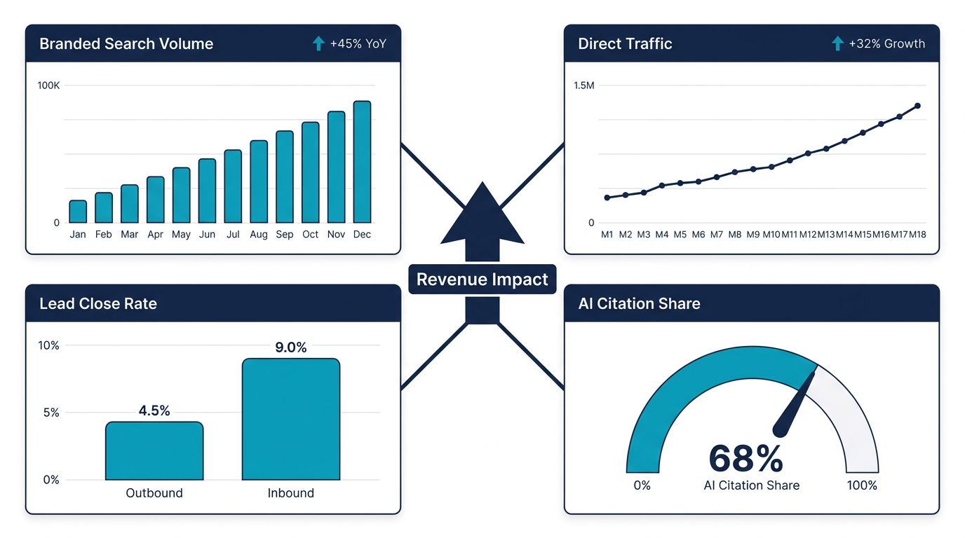 Dashboard showing the four B2B brand health metrics: branded search volume growth, direct traffic trend, inbound versus outbound lead close rate comparison, and AI citation share gauge