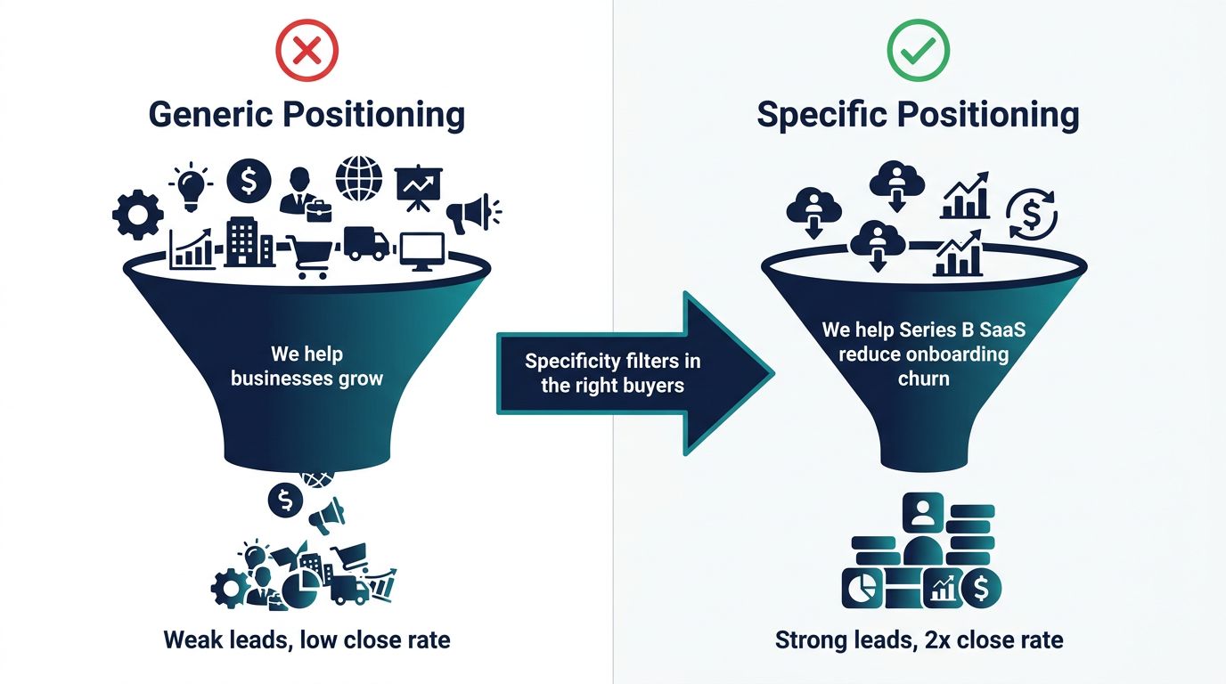 Comparison showing generic broad B2B positioning producing weak leads versus specific targeted positioning producing higher close rates and stronger qualified pipeline