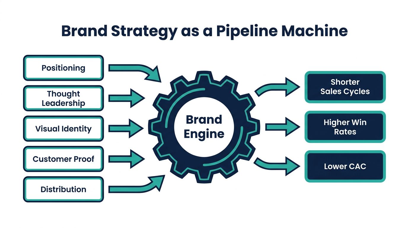 B2B brand development strategy framework showing how positioning, thought leadership, identity, proof and distribution feed into a brand engine that produces shorter sales cycles, higher win rates and lower CAC
