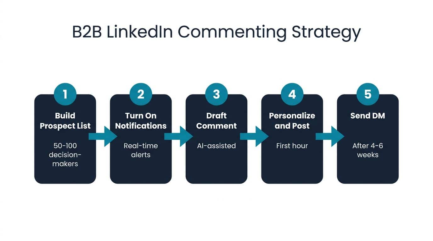 Five-step workflow diagram for the commenting-for-attention B2B engagement on LinkedIn strategy