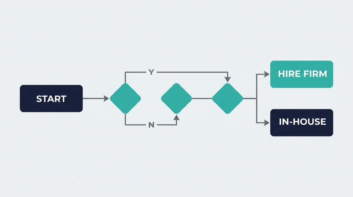 Decision flowchart showing when to hire a B2B marketing firm versus building an in-house team