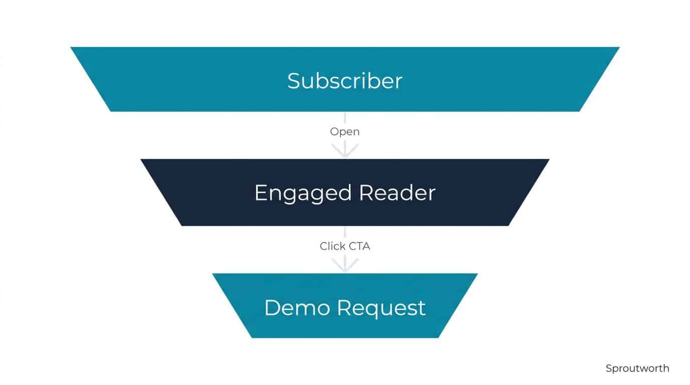 B2B Newsletter Examples lead generation funnel showing the path from subscriber to engaged reader to demo request