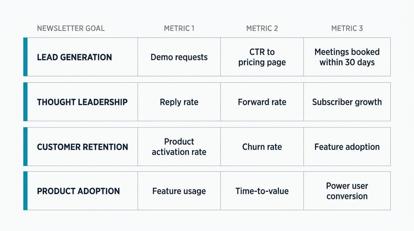B2B Newsletter Examples comparison table showing which metrics to track for lead generation, thought leadership, customer retention, and product adoption newsletters