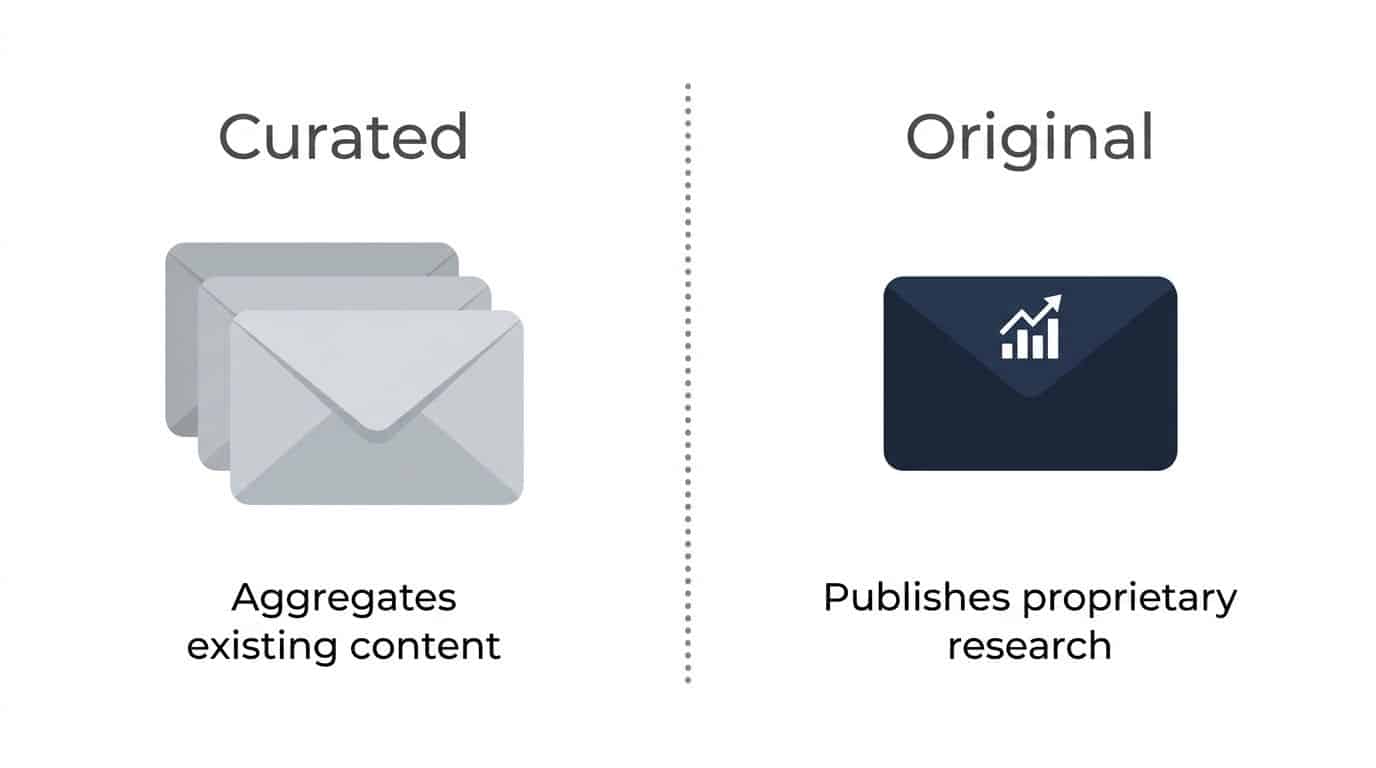 Diagram comparing curated B2B newsletters that aggregate existing content with original thought leadership newsletters that publish proprietary research