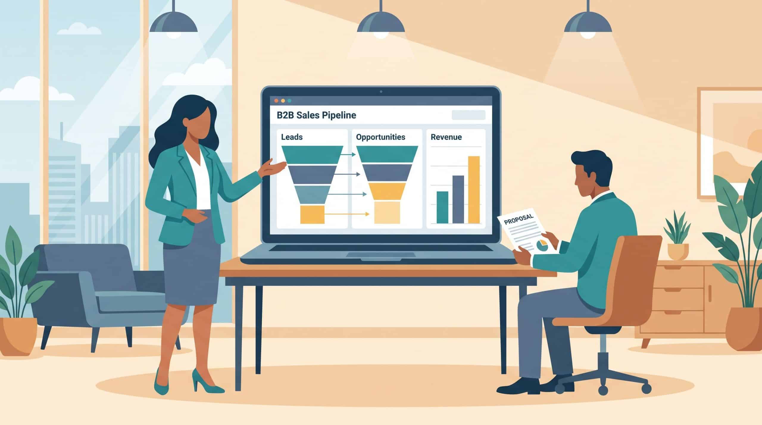B2B sales professionals in a meeting reviewing pipeline dashboard and deal proposal