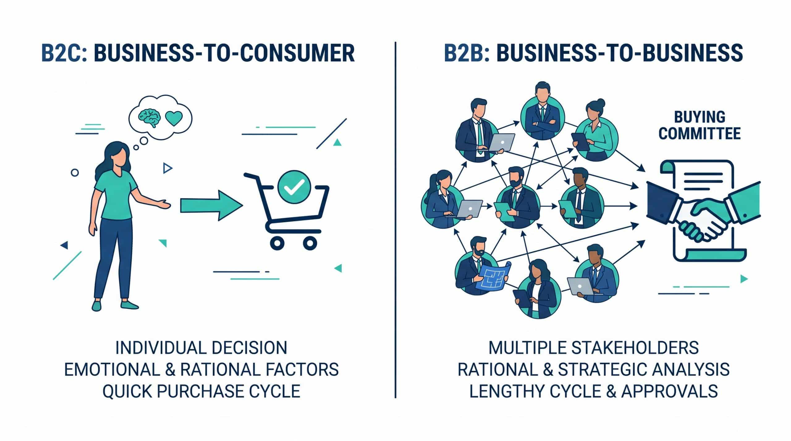 Diagram comparing B2B buying committee of 8 stakeholders versus single B2C consumer purchase