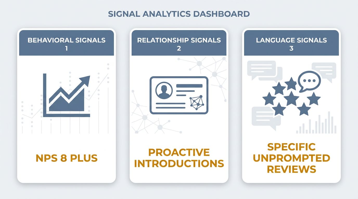 Data visualization showing three signals for identifying brand evangelists: behavioral signals, relationship signals, and language signals