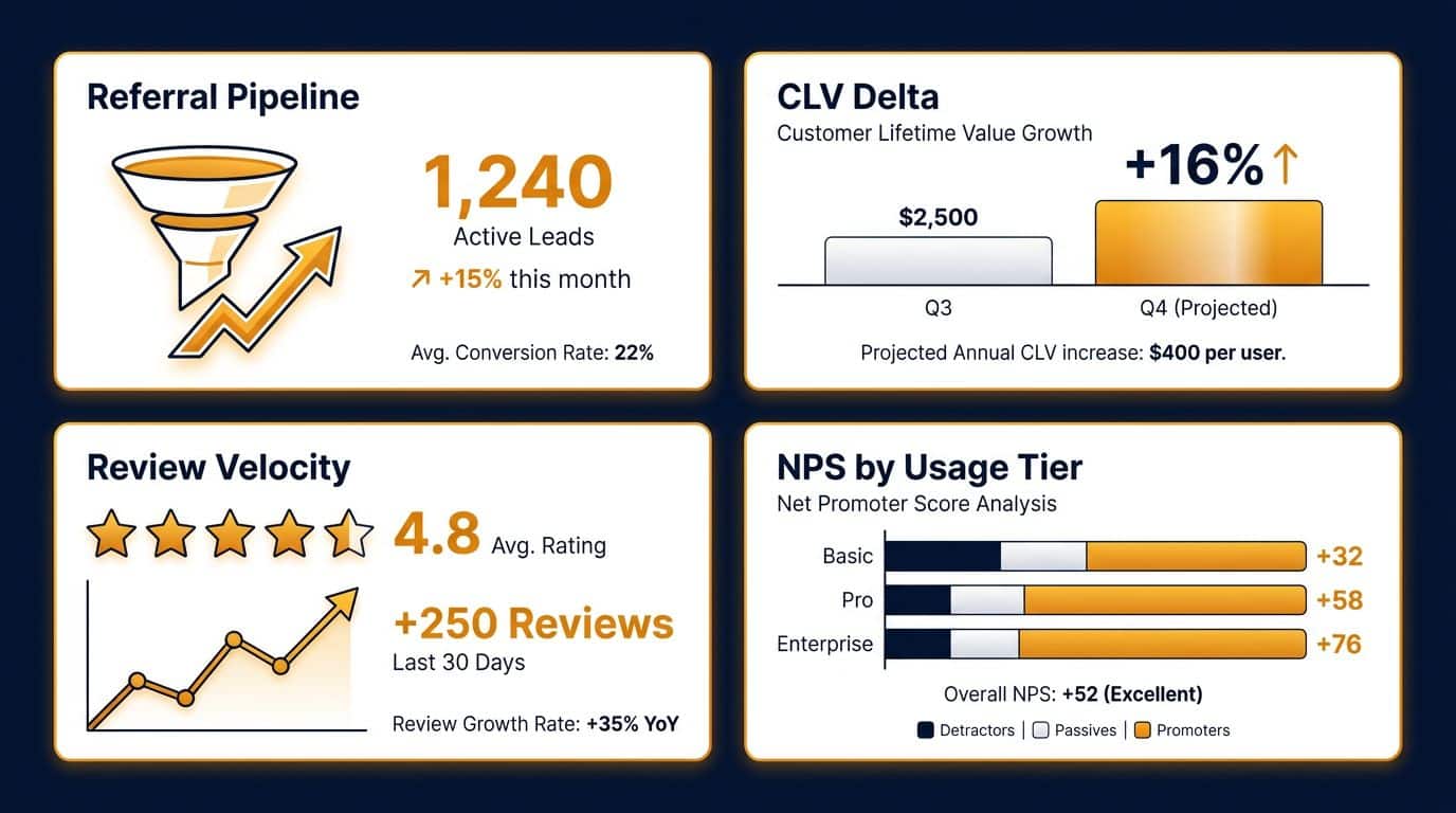 Dashboard visualization showing four metrics for measuring brand evangelism: referral pipeline attribution, CLV delta, review velocity, and NPS by usage tier