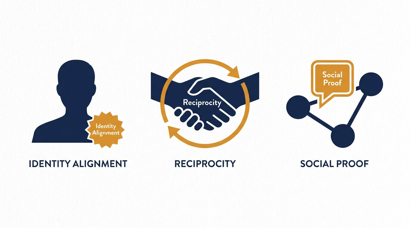 Illustration showing the three psychological triggers behind brand evangelism: identity alignment, reciprocity, and social proof