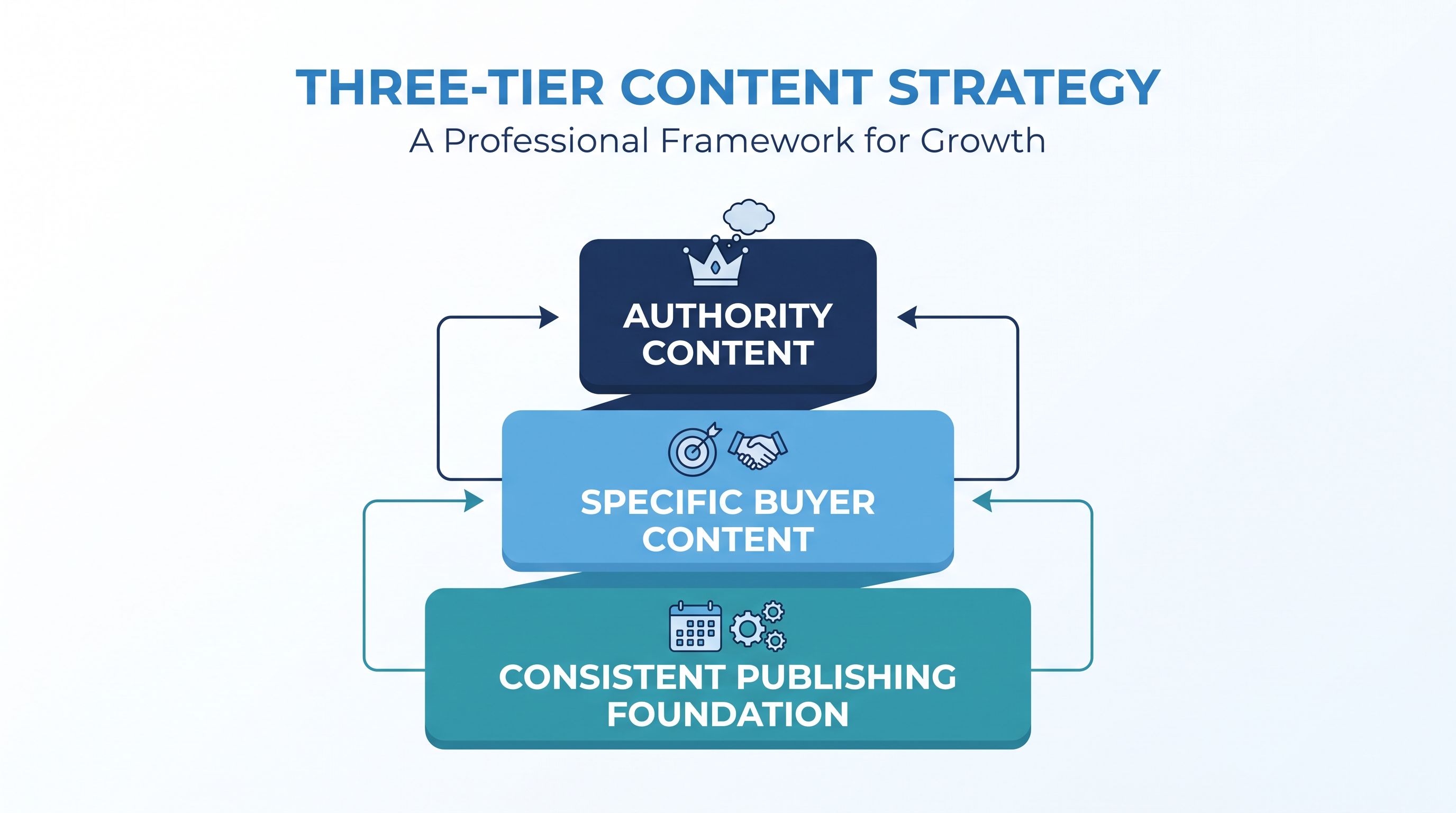 CEO content strategy framework: three-tier pyramid showing authority content, specific buyer content, and consistent publishing foundation