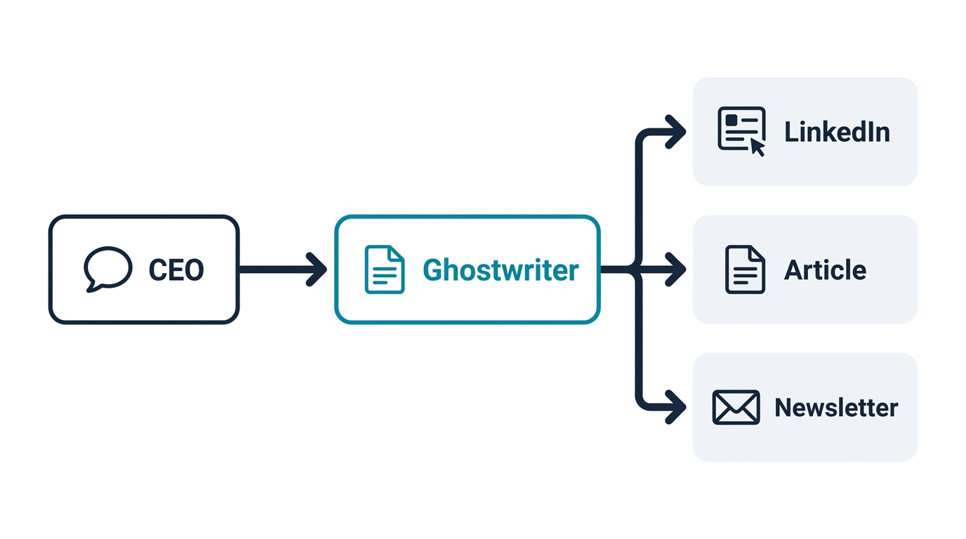 thought leadership ghostwriting for ceos - Process flow diagram showing how CEO expertise flows through a ghostwriter to produce LinkedIn posts, articles, and newsletters