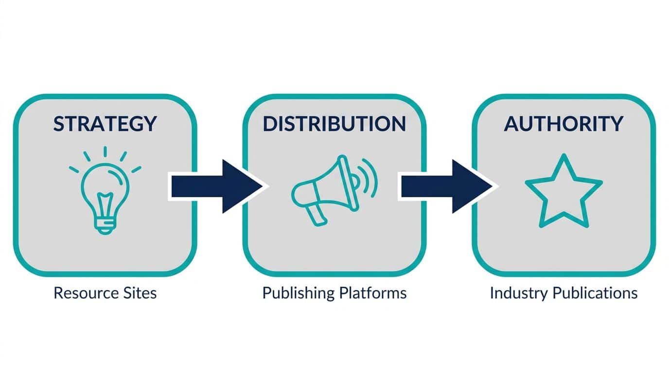 Flow diagram showing how content marketing sites map to three buyer journey stages: strategy with resource sites, distribution with publishing platforms, and authority with industry publications