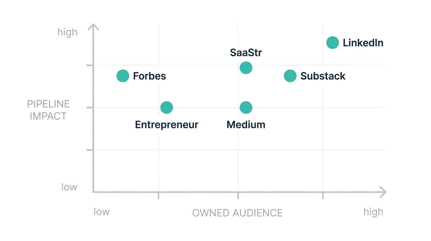 Scatter plot showing six content marketing platforms plotted by owned audience control and pipeline impact, with LinkedIn and Substack in the high-impact quadrant