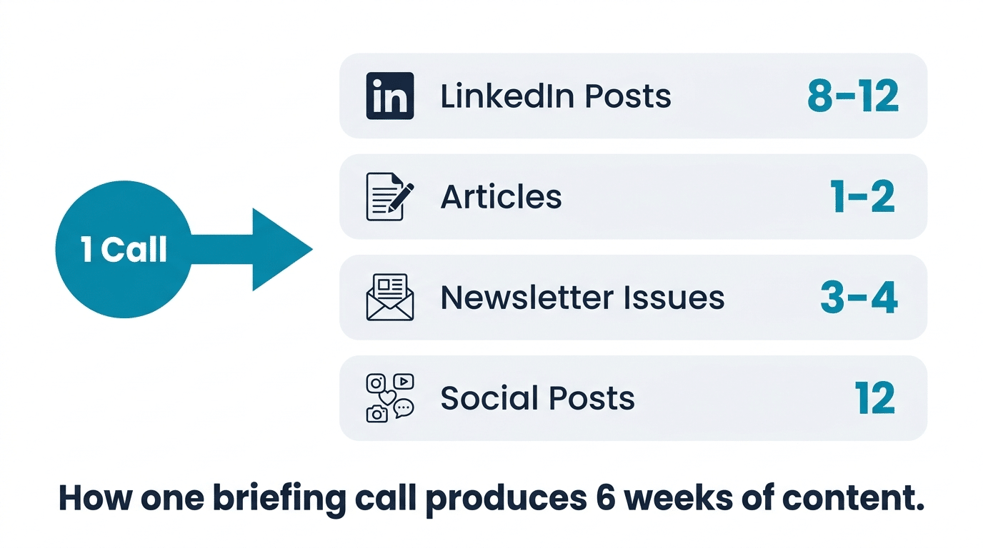 Pipeline diagram showing how one monthly briefing call produces 8-12 LinkedIn posts, 1-2 articles, 3-4 newsletter issues, and 12 social posts