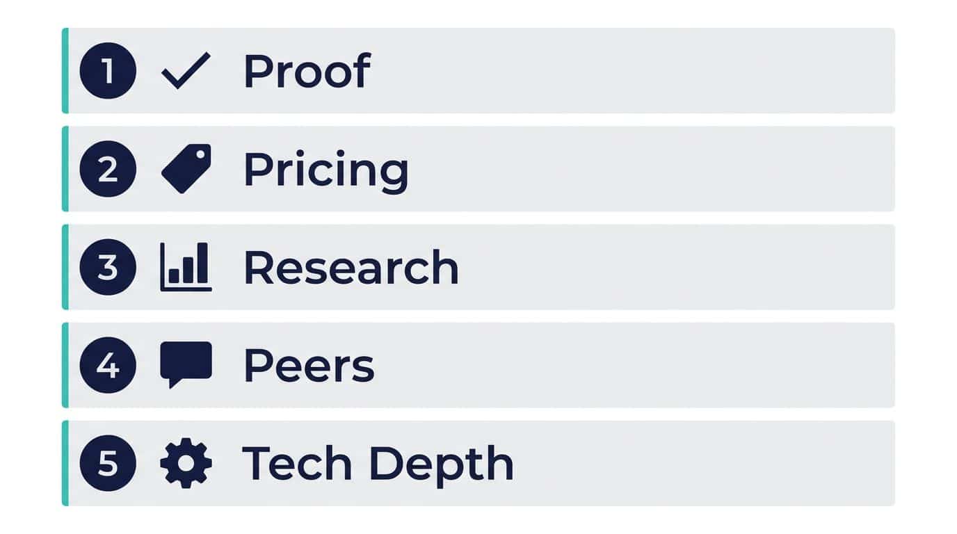 Diagram showing the five trust signals B2B buyers evaluate in content: proof, pricing transparency, original research, peer validation, and technical depth
