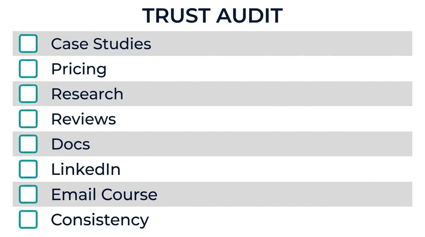 Visual checklist of eight items B2B CEOs should verify to ensure their content earns trust before the sales conversation