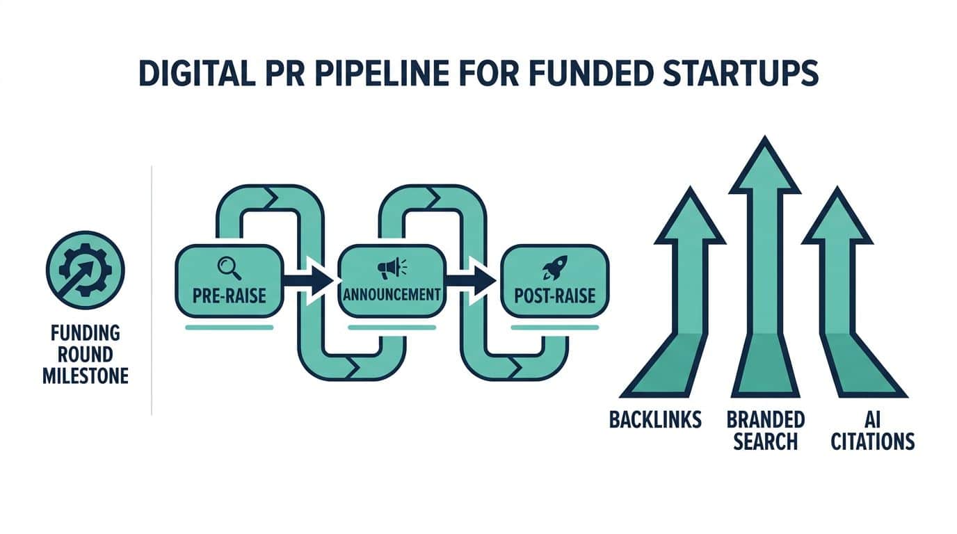 Diagram showing the digital PR pipeline for funded startups from pre-raise positioning through funding announcement to post-raise amplification producing backlinks, branded search, and AI citations