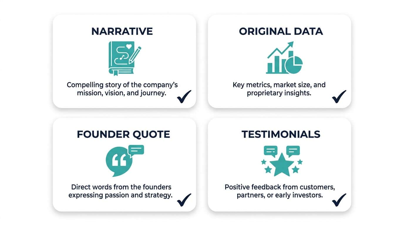 Checklist diagram showing the four components of a funding announcement PR package: narrative, original data, founder quote, and customer testimonials