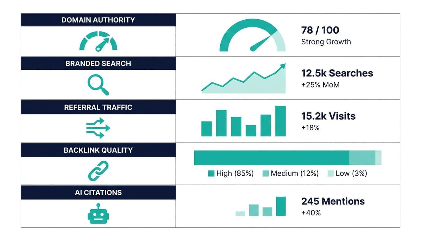 Dashboard diagram showing the five digital PR metrics for funded startups: domain authority, branded search volume, referral traffic, backlink quality, and AI citation frequency
