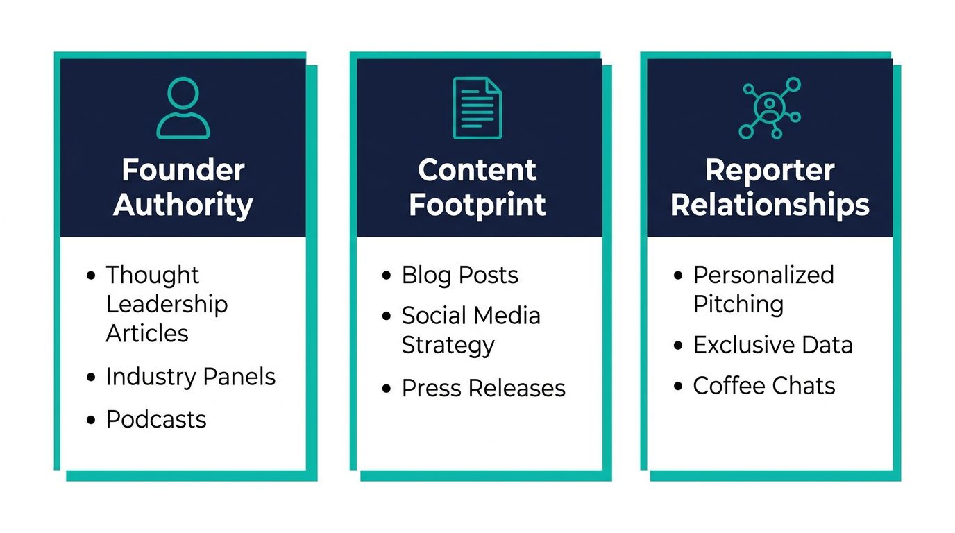 Diagram showing the three pillars of pre-raise digital PR: founder LinkedIn authority, content footprint, and reporter relationships