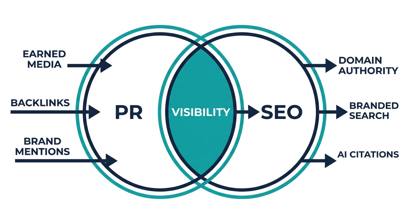 Venn diagram showing the overlap between digital PR and SEO for funded startups with earned media, backlinks, domain authority, branded search, and AI citations