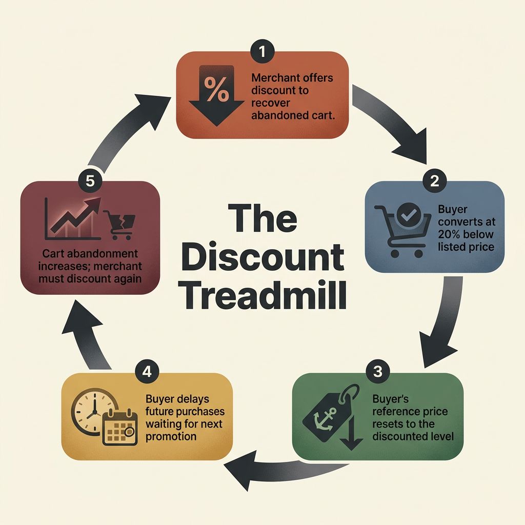 The Discount Treadmill: Why Coupon Strategies Compound Cart Abandonment A circular diagram illustrating the discount treadmill cycle in ecommerce — merchant discounts, buyer converts at lower price, reference price resets, buyer delays next purchase