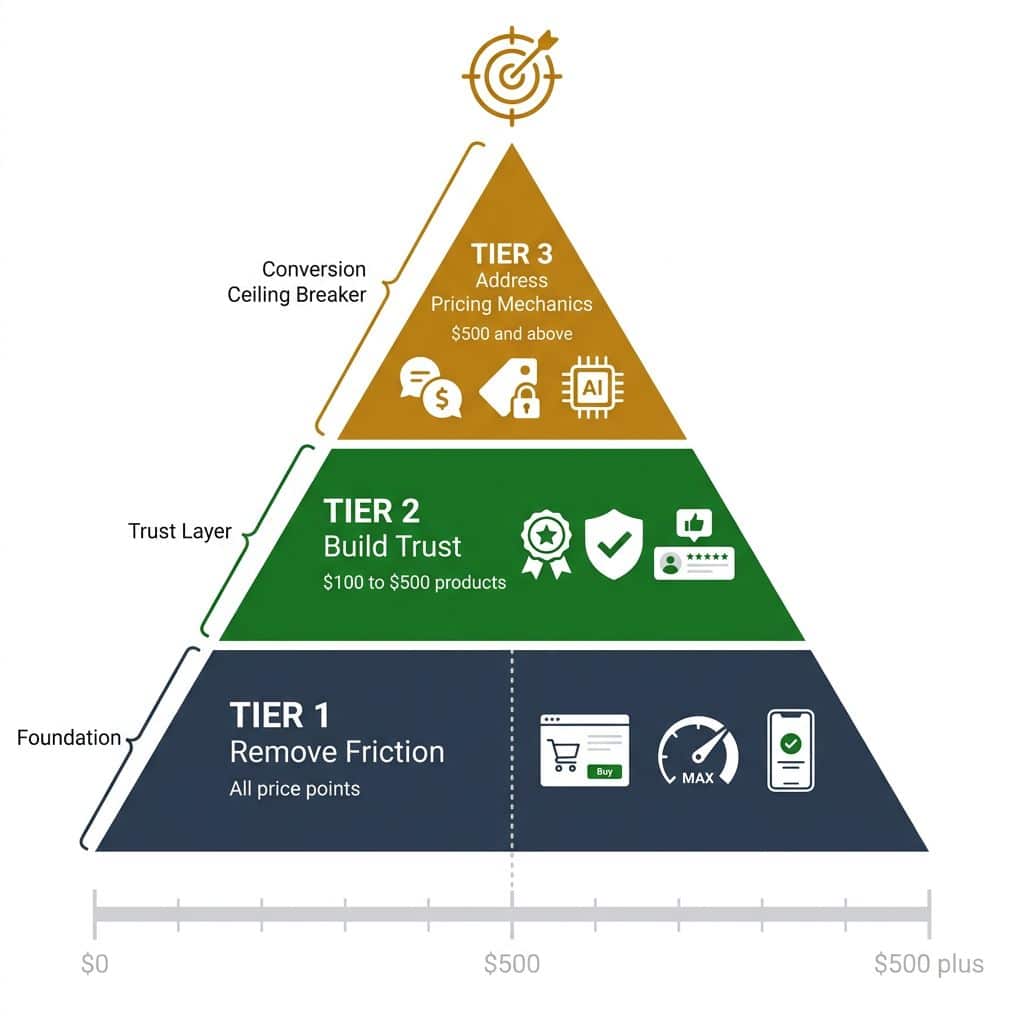 A Three-Tier Ecommerce CRO Framework Organized by Price Point A three-tier pyramid diagram showing the ecommerce CRO framework — Tier 1 friction removal for all price points, Tier 2 trust building for $100-$500, Tier 3 pricing mechanics for $500+