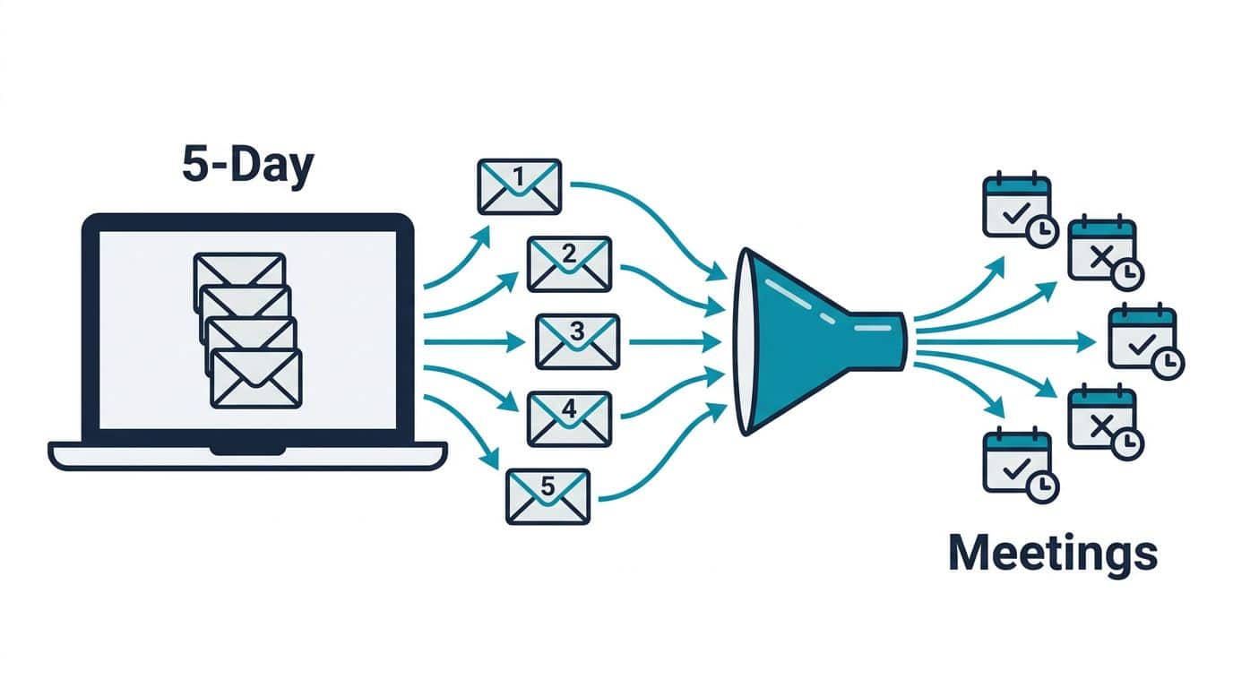 Diagram showing a 5-day educational email course flowing through a funnel into pipeline meetings for B2B founders