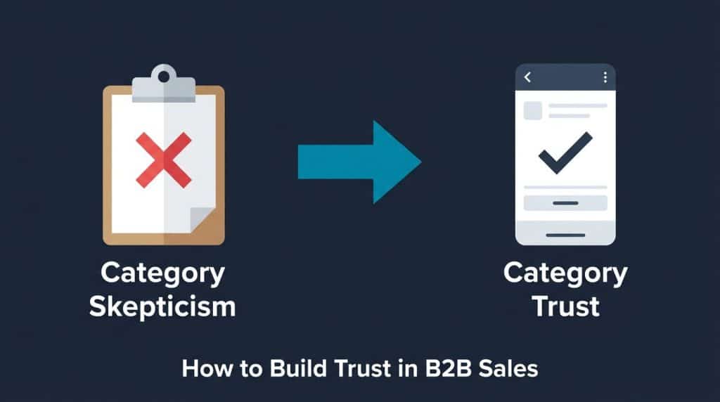 Diagram showing how B2B sales trust shifts from category skepticism to category trust through transparent positioning