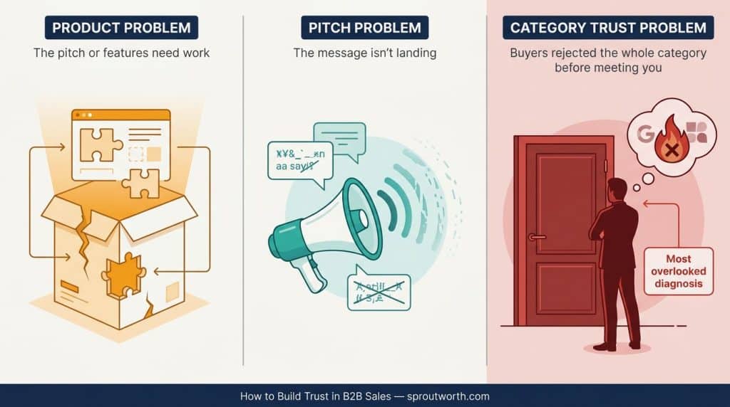Comparison diagram of three B2B sales problems showing buyer signals for product objection, pitch problem, and category trust problem
