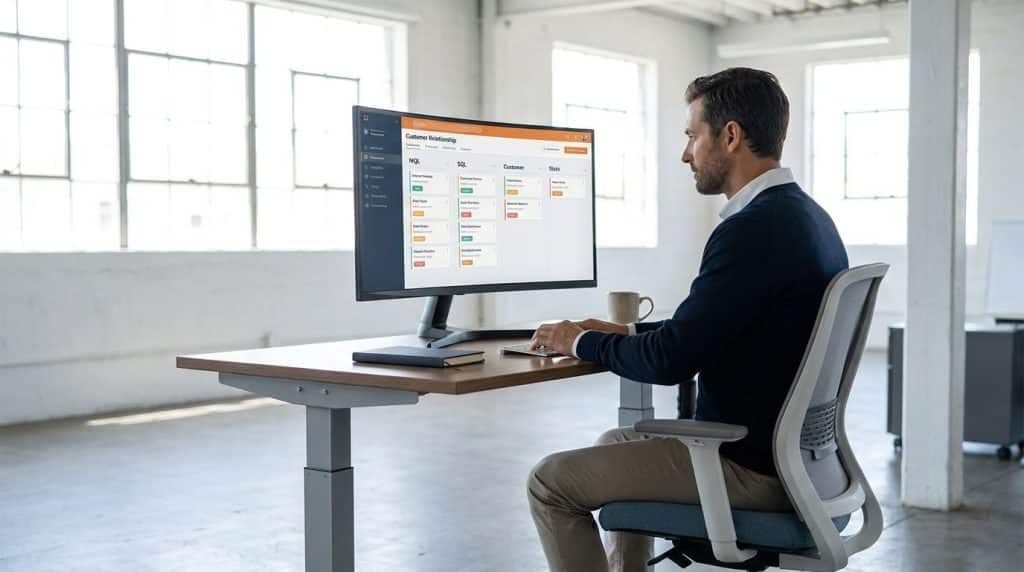 A clean B2B workspace dashboard showing a CRM pipeline with lifecycle stages, contact records, and deal stages organized in columns, with a revenue operations professional reviewing data on a monitor