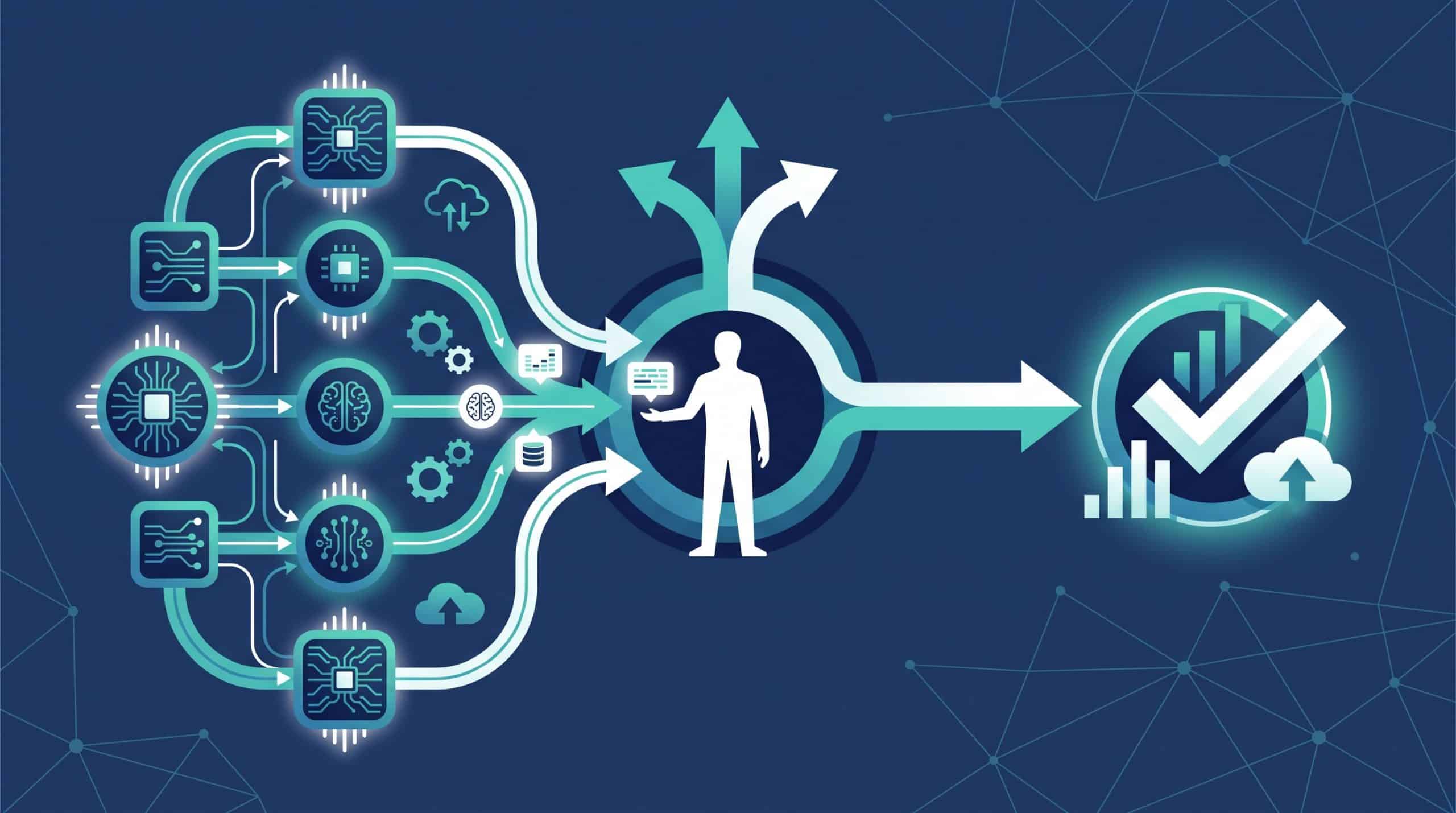 Human-in-the-loop AI workflow showing automated processes handing off to human decision makers at key judgment points