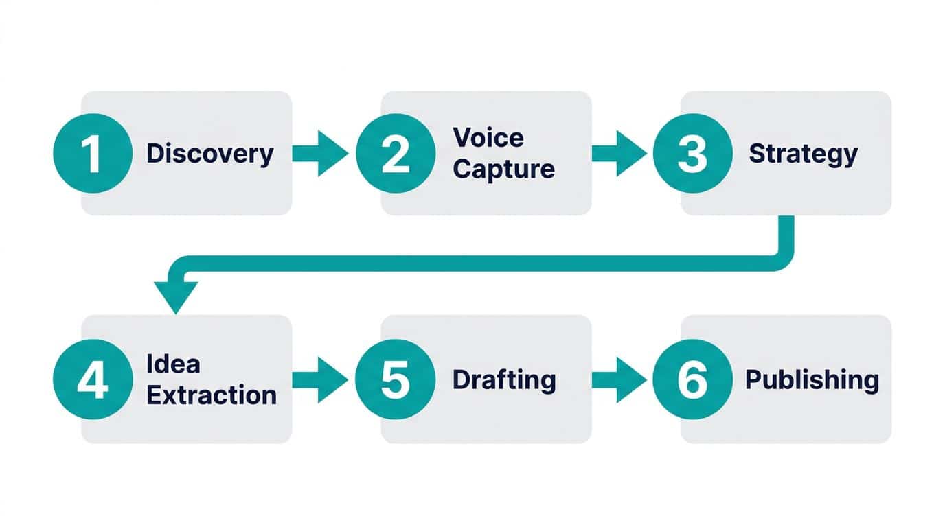 Flow diagram showing the 6-step LinkedIn ghostwriting process from discovery through voice capture, strategy, idea extraction, drafting, and publishing
