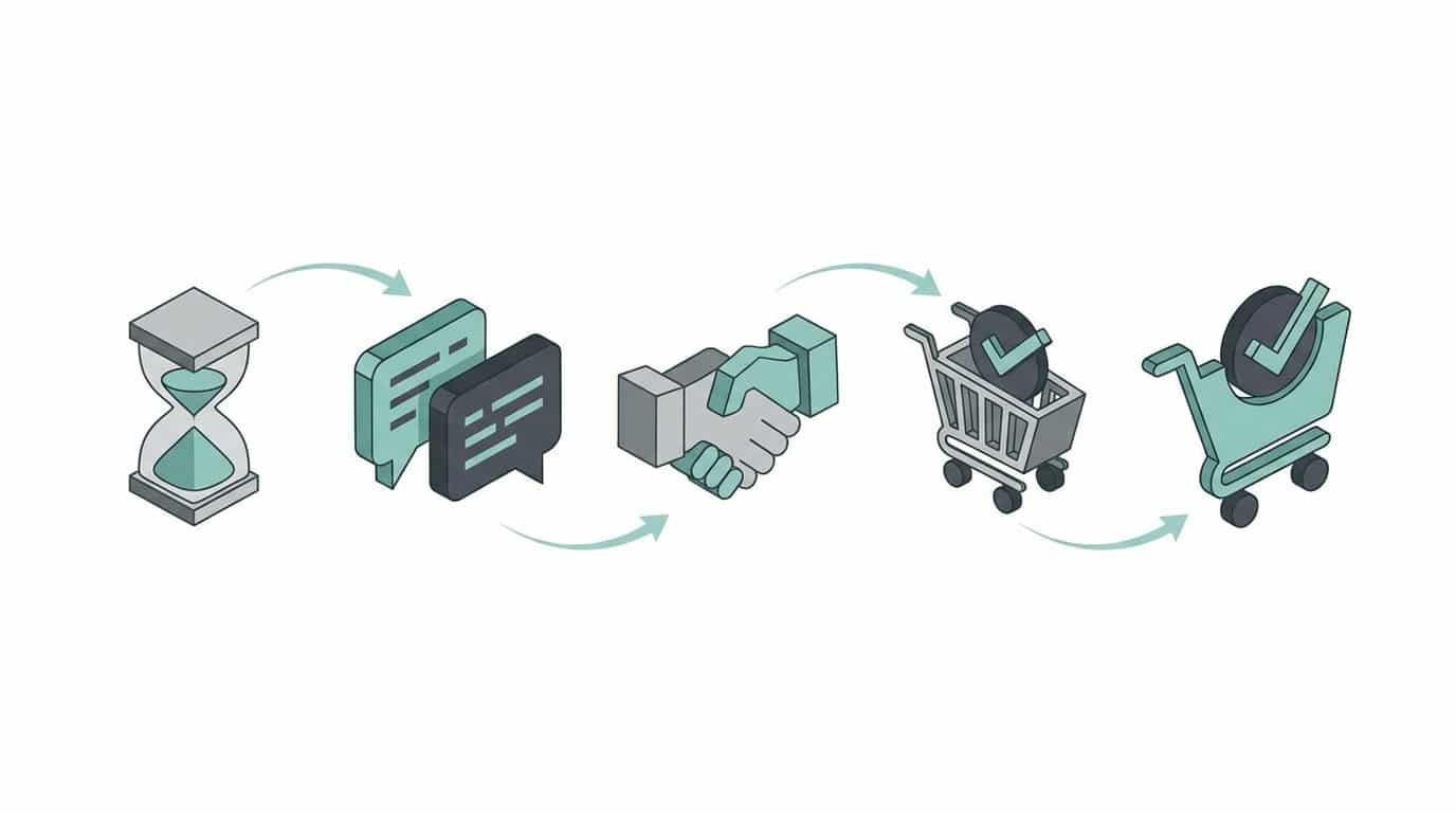 DBargain five-step AI negotiation flow for Shopify merchants Five-step AI price negotiation flow: dwell-time trigger, opening offer, counter-offer rounds, final bid prompt, checkout completion