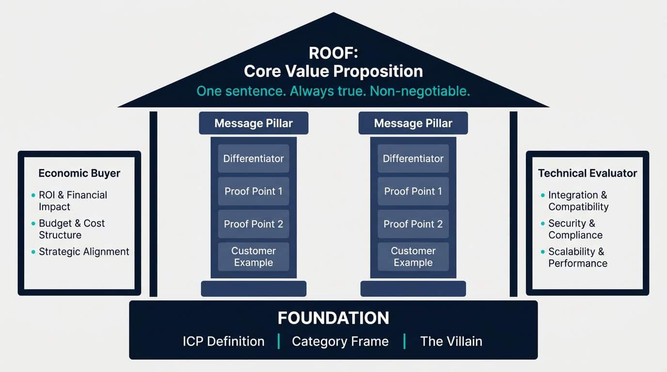 Diagram of the Messaging House framework showing the roof as core value proposition, pillars as message pillars with proof points, foundation as ICP and category frame, and rooms as audience-specific message variants