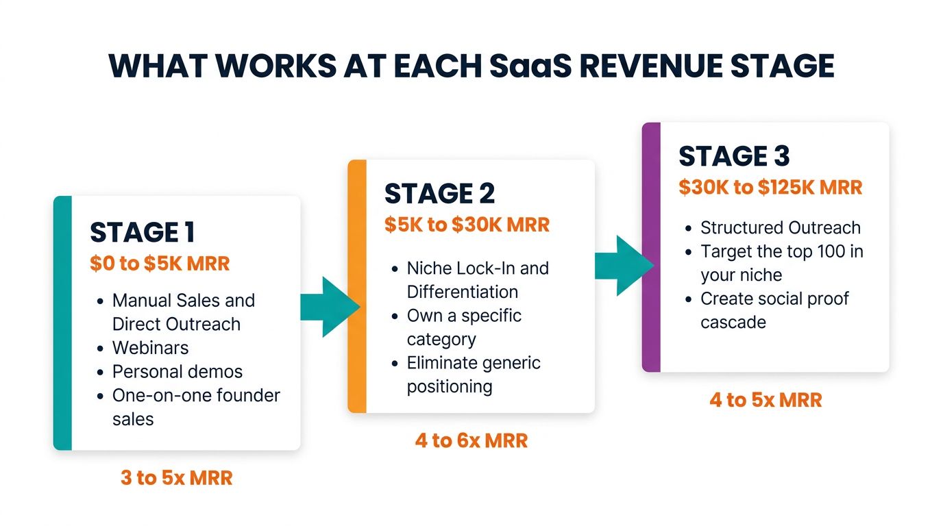 Three-stage SaaS revenue growth framework diagram showing the $0–$5K MRR manual sales phase, $5K–$30K MRR niche lock-in phase, and $30K–$125K MRR structured outreach phase