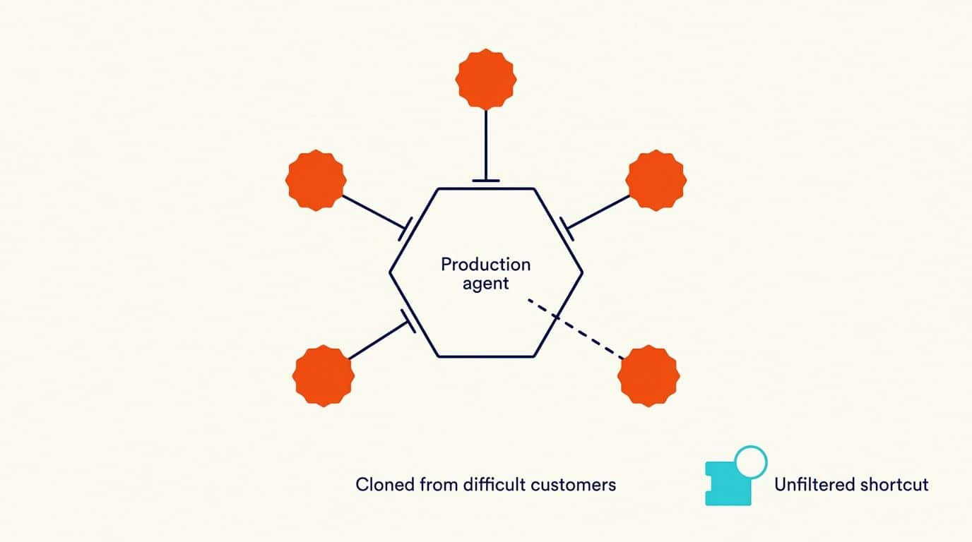 Adversarial agents probing the production agent Diagram of adversarial agents probing a production AI agent, with one unfiltered non-compliant shortcut sitting outside the test perimeter unaddressed.
