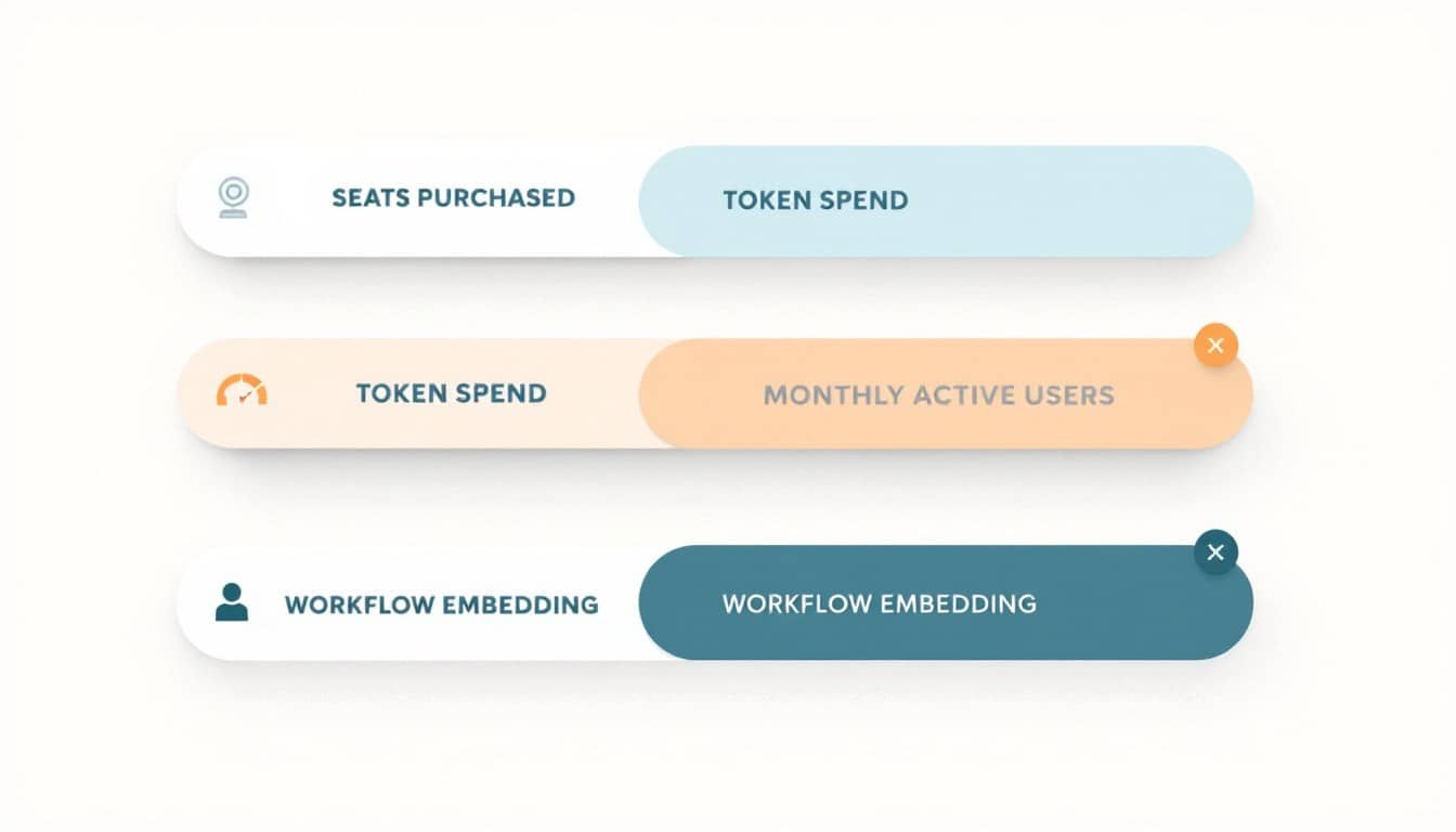 Comparison of seats purchased, token spend, monthly active users and workflow embedding as AI adoption metrics