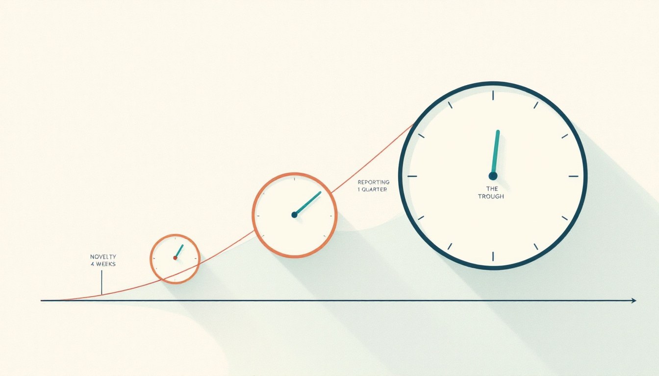 Diagram of three clock faces representing novelty decay at four weeks, quarterly reporting, and the twelve-month budget cycle