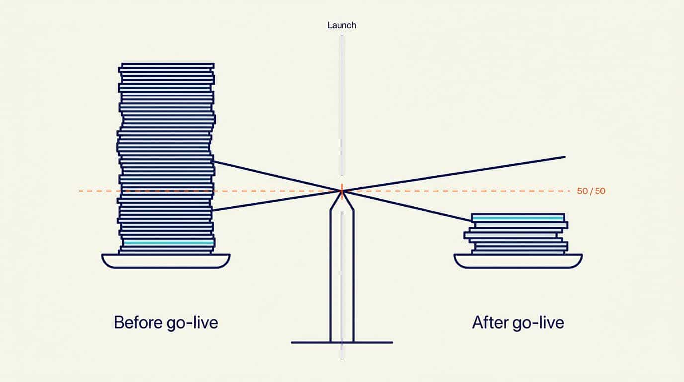 Where the contract's weight actually belongs Balance scale weighted heavily toward pre-launch contract terms with a dashed line marking the fifty-fifty split an AI agent contract should hold across go-live.